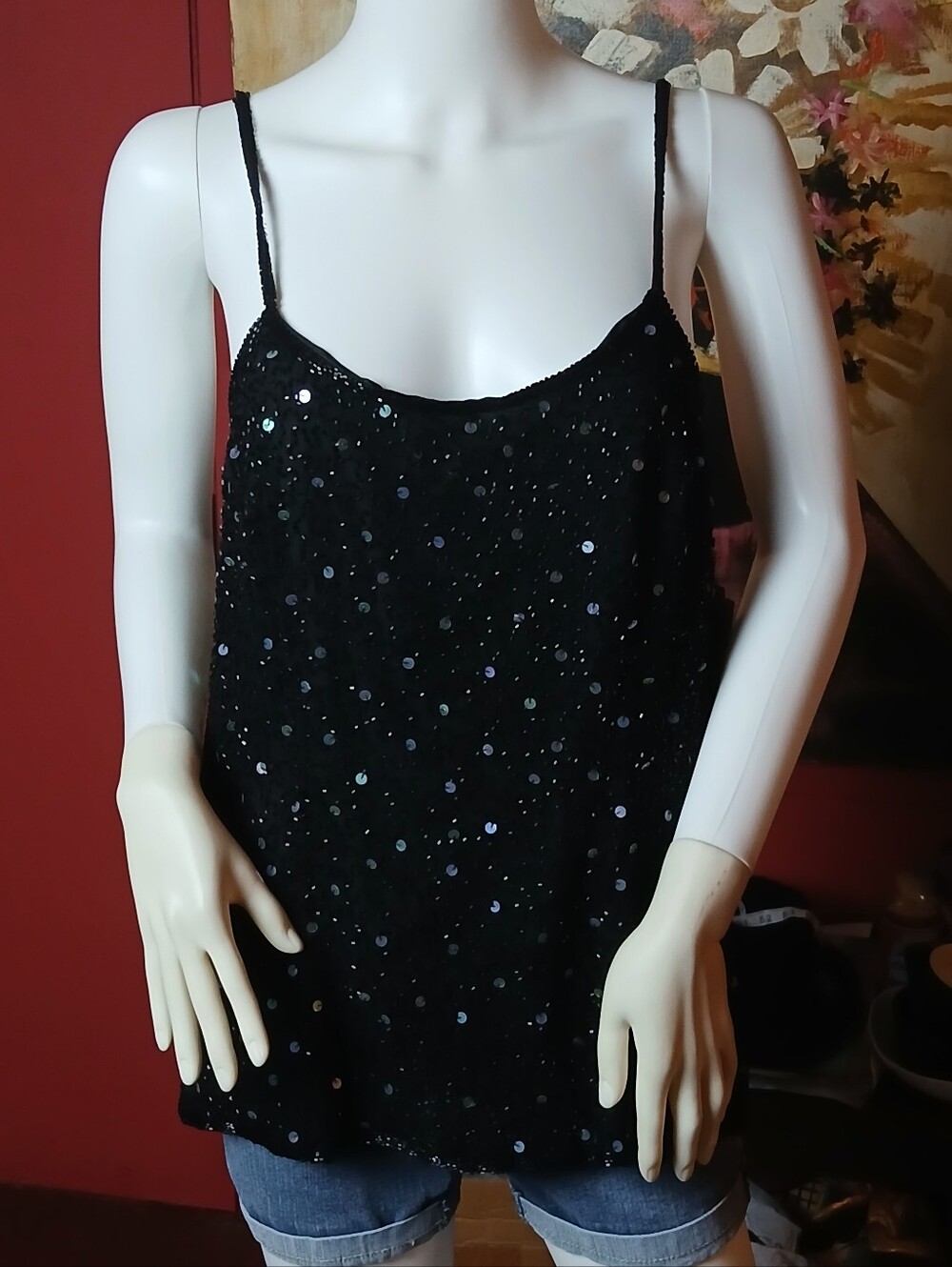 Nipon Night Black 100% Silk Sequin & Beaded Camisole Tank Top - Size L